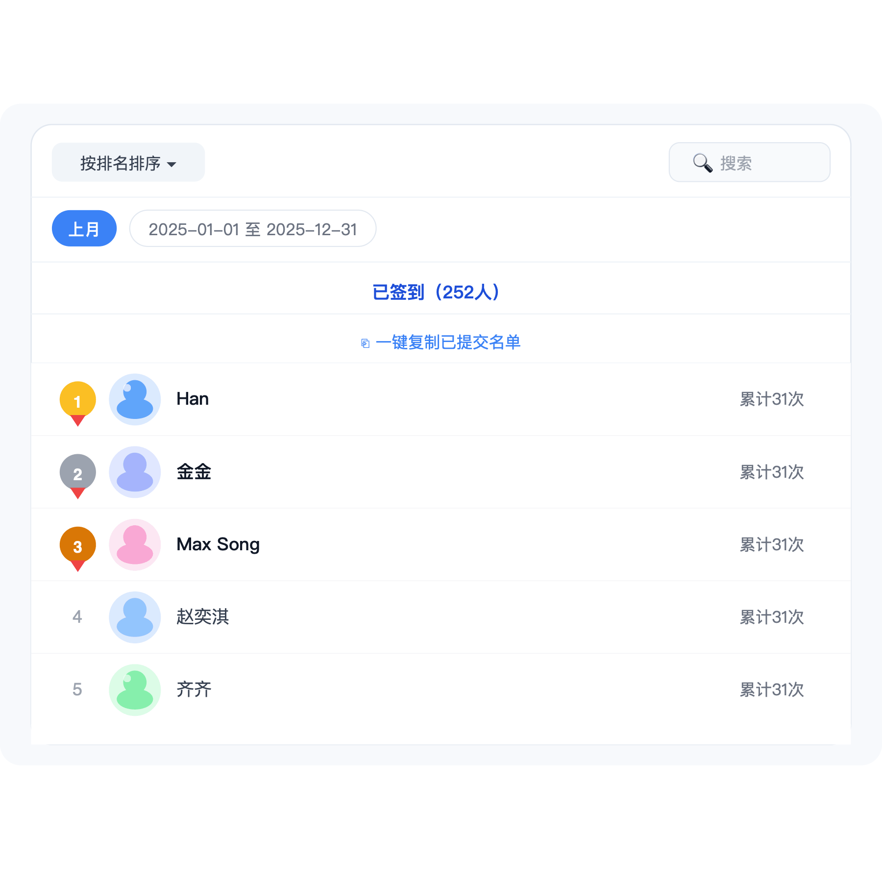 签到排行榜界面示意图，展示签到排名与成员名单